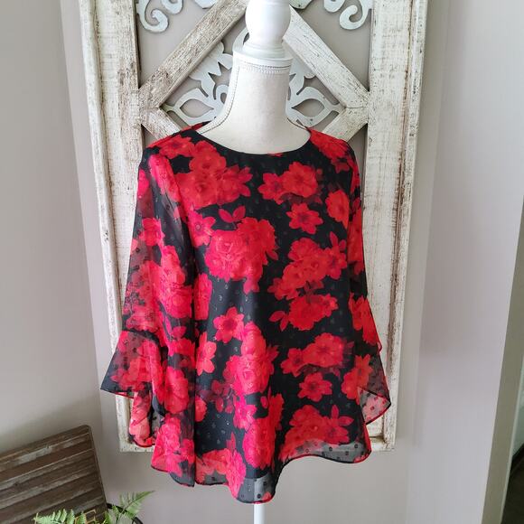 Kasper Women's Carrie Chiffon Bell Sleeve Floral Blouse Metallic Dot Red & Black - Picture 1 of 8